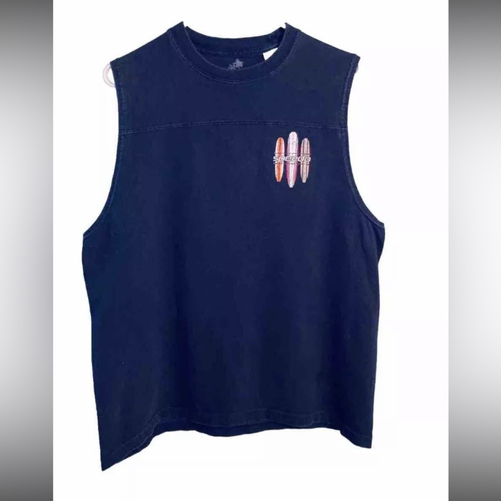 Vintage Y2K Speedo Beaches T-Shirt Tank Top Surfboards Graphic Blue Men’s M USA